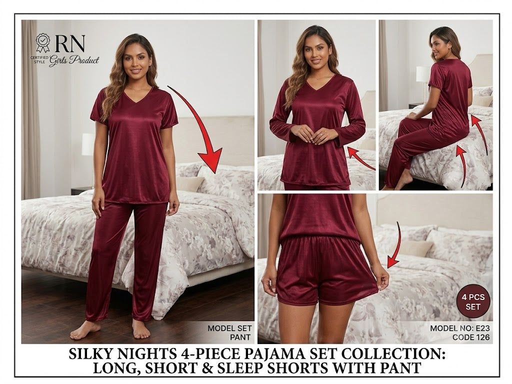 Silky Nights 4-Piece Satin Pajama Set for Women – Long Pant, Shorts & V-Neck Sleepwear (Maroon)