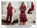 Silky Nights 4-Piece Satin Pajama Set for Women – Long Pant, Shorts & V-Neck Sleepwear (Maroon)