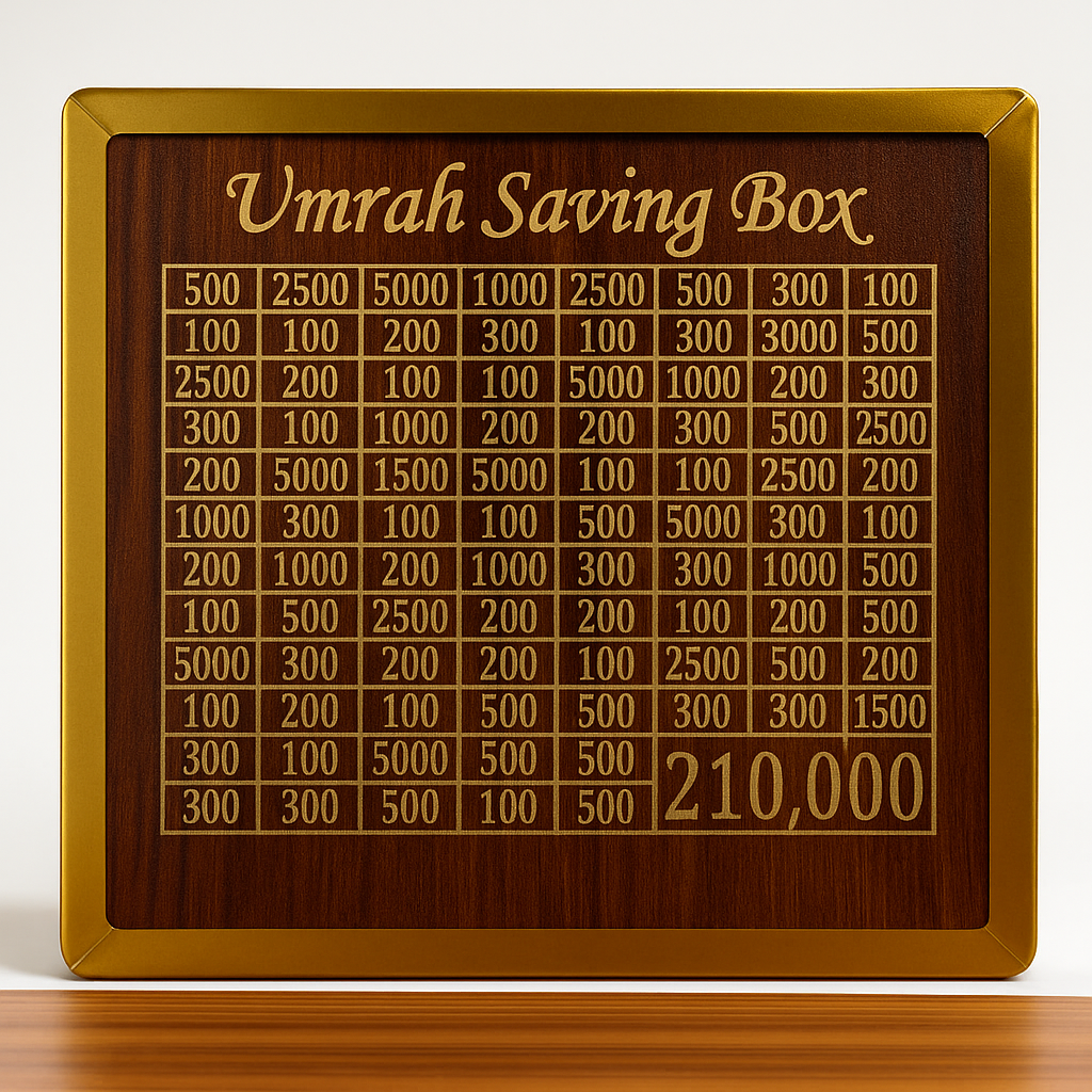 Umrah Saving Box – Wooden Islamic Money Saving Box | 280 Days Savings Challenge | Hajj & Umrah Fund Box