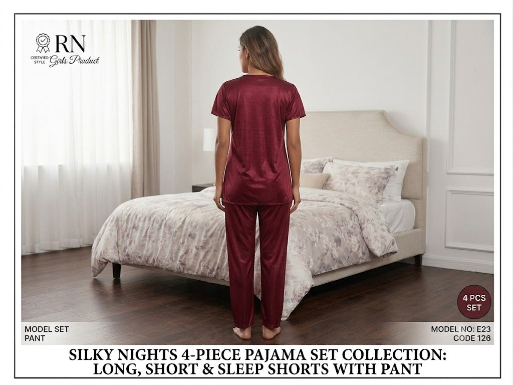 Silky Nights 4-Piece Satin Pajama Set for Women – Long Pant, Shorts & V-Neck Sleepwear (Maroon)