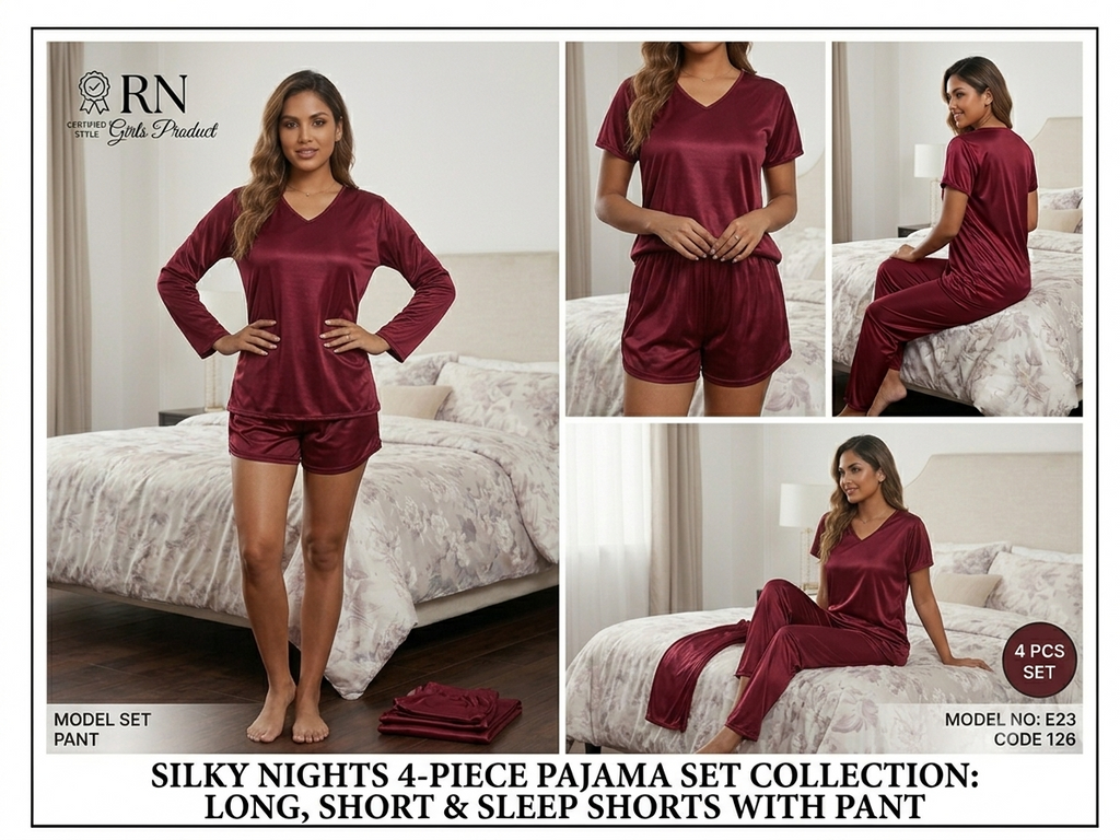 Silky Nights 4-Piece Satin Pajama Set for Women – Long Pant, Shorts & V-Neck Sleepwear (Maroon)