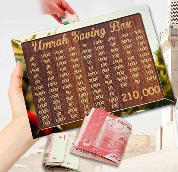 Umrah Saving Box – Wooden Islamic Money Saving Box | 280 Days Savings Challenge | Hajj & Umrah Fund Box