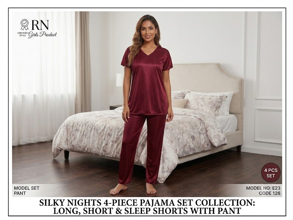 Silky Nights 4-Piece Satin Pajama Set for Women – Long Pant, Shorts & V-Neck Sleepwear (Maroon)