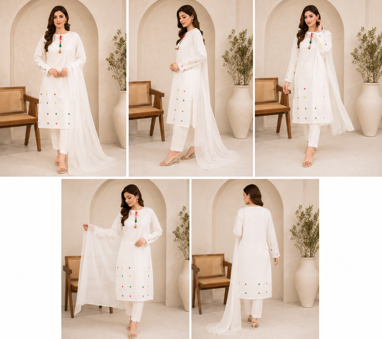 White Mirror Work Embroidered 3 Piece Suit For Women