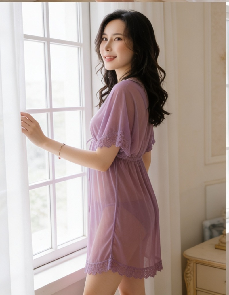 Women’s Sheer Lace Babydoll Nighty – Soft Mesh Transparent Sleepwear for Women – Purple Lingerie Robe