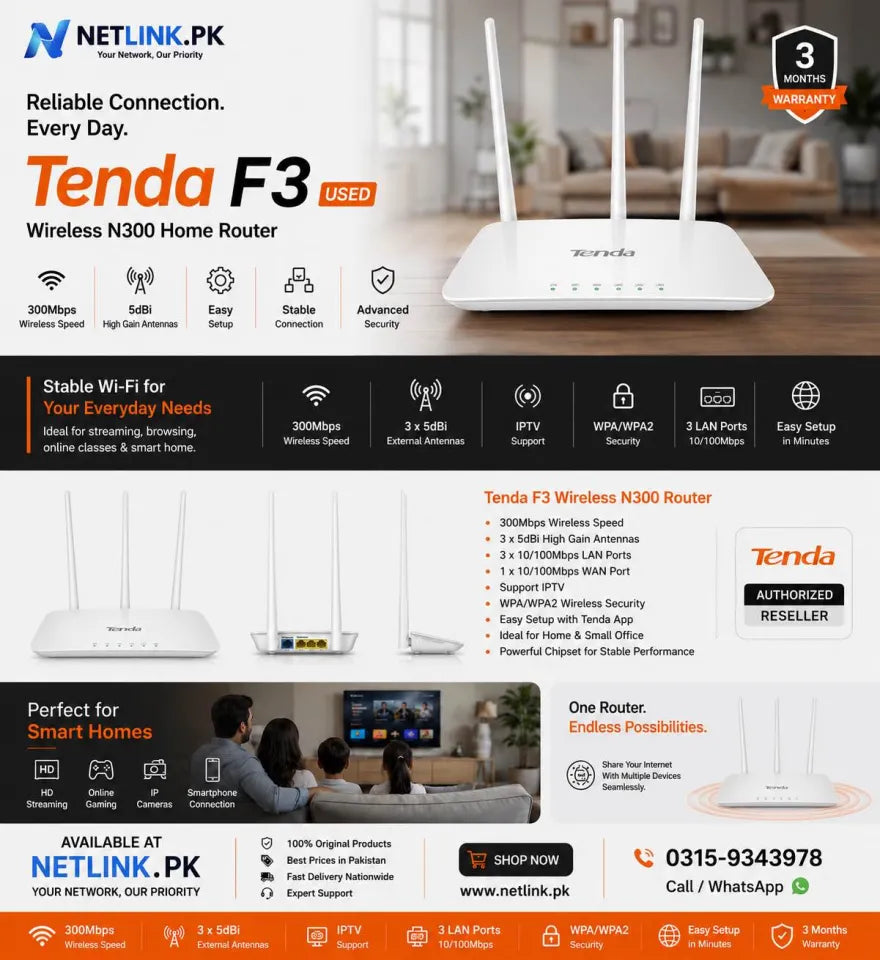 Tenda F3 Wireless WiFi Router 300Mbps Speed Home Use Wi-Fi Range Extender WISP Repeater Long Range 3 Antennas Tenda Router adapter included