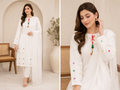 White Mirror Work Embroidered 3 Piece Suit For Women