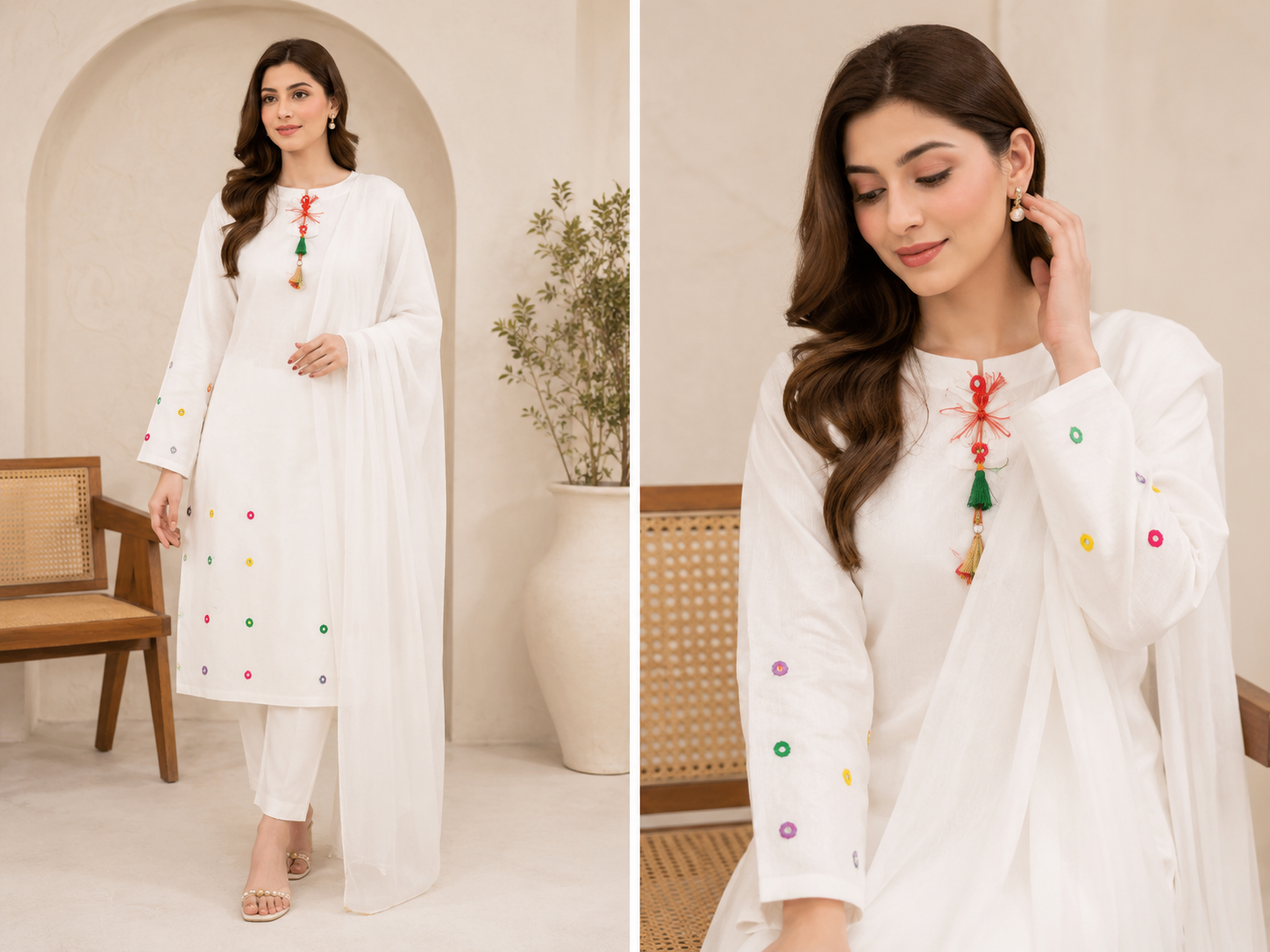 White Mirror Work Embroidered 3 Piece Suit For Women