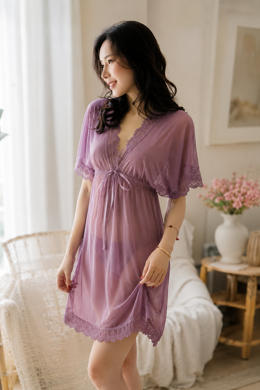 Women’s Sheer Lace Babydoll Nighty – Soft Mesh Transparent Sleepwear for Women – Purple Lingerie Robe